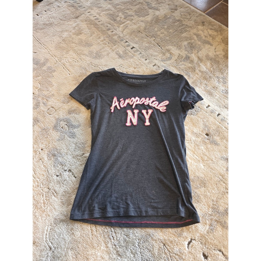 Aeropostale Womens M Graphic T Shirt Charcoal Pink NY Logo Fitted Tee